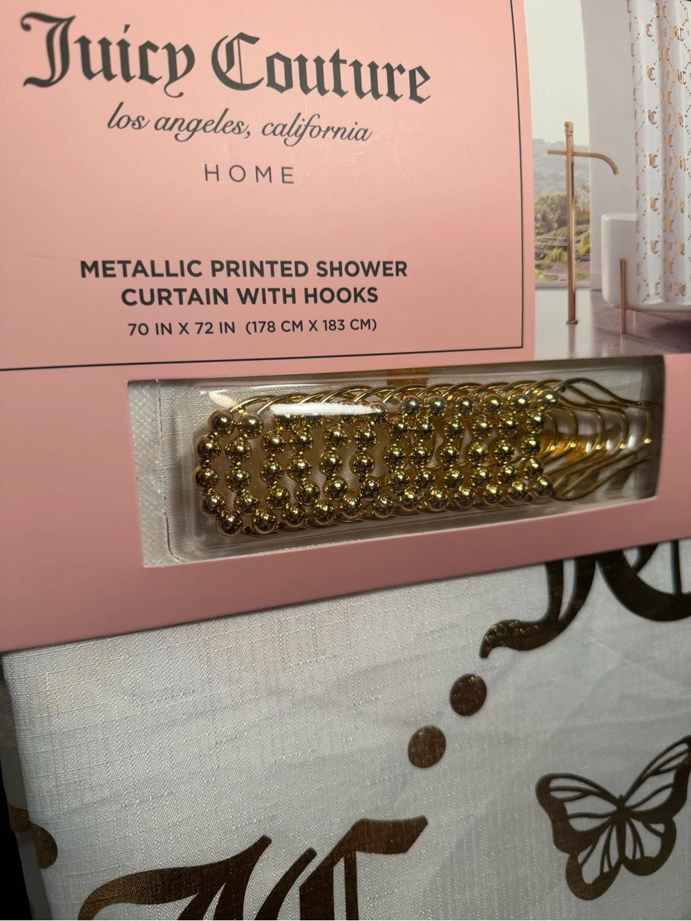 Juicy Couture LA NWT White Cloth Shower Curtain with Gold JC Logo & 12 Hooks